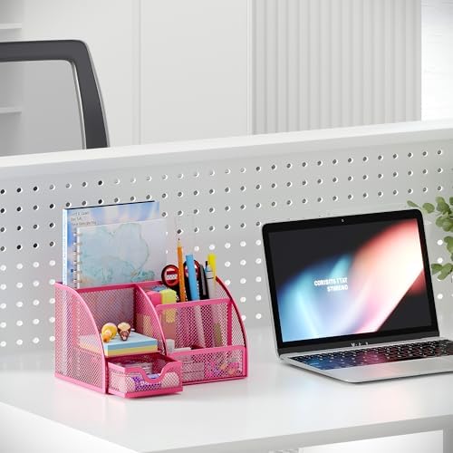 EasyPAG Mesh Desk Organizer with Drawer Multi-functional Pen Holder Stationery Organizer for Office School Supplies 6 Compartments Dorm Organizers and Storage for Desk, Hot Pink