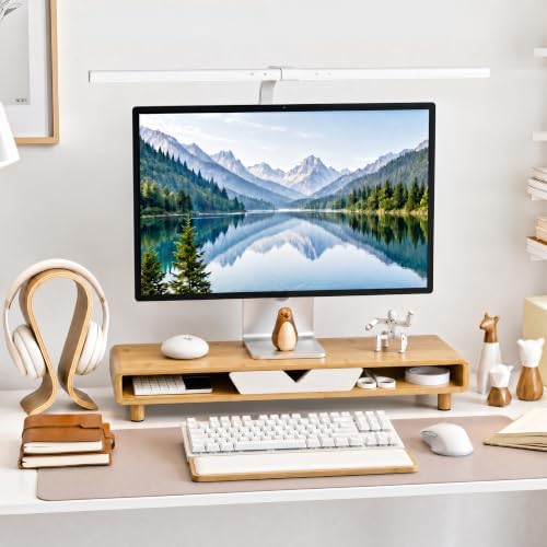 Homerays Monitor Stand with Drawer, Exquisite Computer Monitor Stand for Desk, Ergonomic Wood Monitor Stand Riser for Computer,Laptop,Printer,TV,Bamboo,White