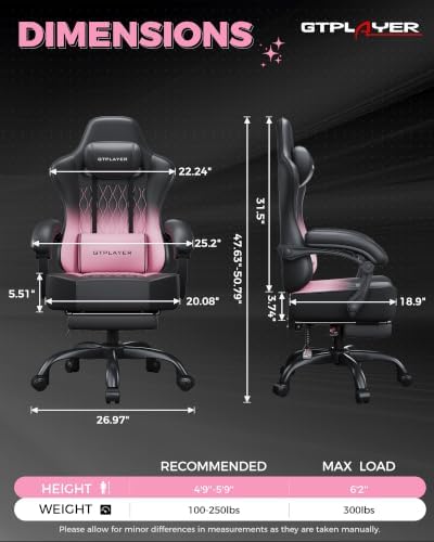 GTPLAYER Big and Tall Gaming Chair with Footrest, Ergonomic Office Desk Chair with 4.4in Thick Cushion and Wide Wingless Seat, Comfortable Leather Computer Chair, Predator Series, Pink Gradient