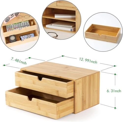 Bamboo Desk Drawer Organizer, Large Desktop Organizer with Drawers Tabletop Storage Organization Box for Office Home Toiletries Supplies Vanity, No Assembly Required (2 Drawer)