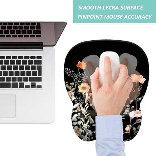 Mouse Pad with Wrist Support, Ergonomic Mousepad with Comfortable Memory Foam Wrist Rest Cushion, Relieve Wrist Pain, Non-Slip Rubber Base Gaming Mice Pad for Home Office Computer Laptop, Flower Black