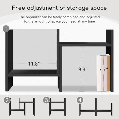 Jerry & Maggie Desktop Organizer Office Storage Rack Adjustable Wood Display Shelf Free Style Double H, Multi-Functional Mini Bookshelf for Desk Natural Stand (Black)