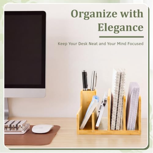 Novabright Bamboo Wood Desk Organizer with Pen Holder, 5 Slot Mail Sorter