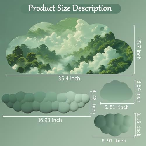 Cloud Mouse Pad Keyboard Wrist Rest for Mouse 4PCS Extended Large Desk Mat Pad Set Memory Foam Non-Slip Cute Ergonomic Gaming Mouse Wrist Support for Computer Home Office Mountain Forest Green