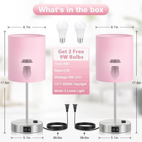 17.6" Pink Touch Lamps for Bedroom Set of 2 - Dimmable, USB C+A, AC Outlet