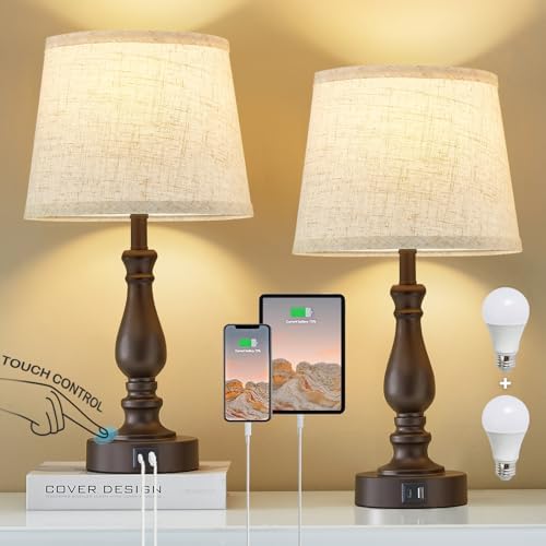 EJIAXIN Table Lamps for Bedrooms Set of 2 - Touch Bedside Lamps with USB C+A Ports - Dimmable Nightstand Lamps for End Tables Farmhouse Night Stand Lamps for Living Room Bed Side Guest Room