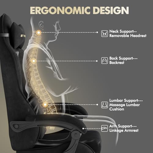 Huracan Velvet Ergonomic Office Gaming Chair for Home Use, High‑Back Reclining Computer Chair with Footrest Massage Lumbar Support, Adjustable Racing Desk Chairs for Streaming Work, Black