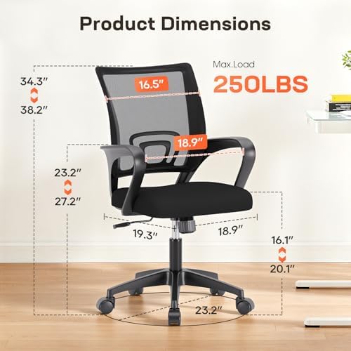 BestOffice | Ergonomic Office Chair | Mid-Back Swivel Desk Chair | Breathable Backrest & Lumbar Support | Adjustable Height | Sponge Seat | Rolling Wheels | Dark Black | for Adults & Women
