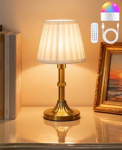 Cordless Table Lamp, 8000mAh Small Table Lamp with Remote Control, Rechargeable Battery Powered Light with Fabric Shade, 3CCT&12RGB Dimmable for Bedside, Living Room, Dining Room, Bar