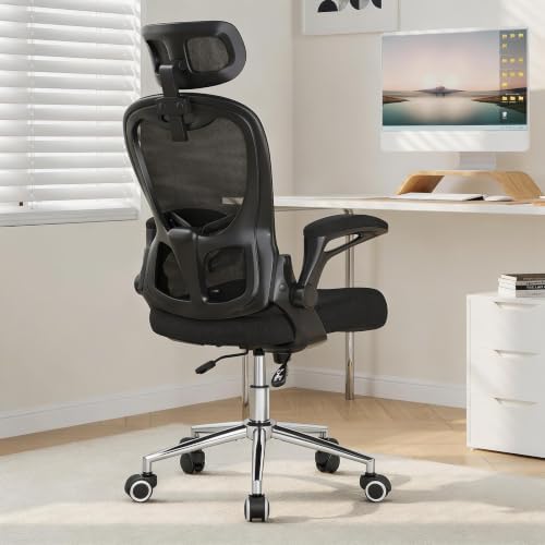 Office Chair, Ergonomic Breathable Mesh Chair,Flip-Up Arms and Adjustable High Back Lumbar Support,Comfy Computer Chair for Home Office (Black/Black, 407)