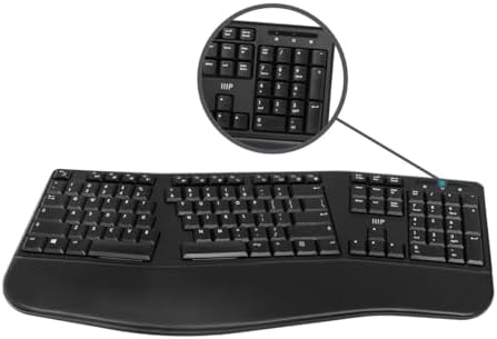 Monoprice Ergonomic Wireless Split 105-Key Keyboard, 2.4GHz Wireless, 13 Multimedia Hotkeys Functions, Auto‑Power Save Mode, Built‑in Wrist Cushion Support