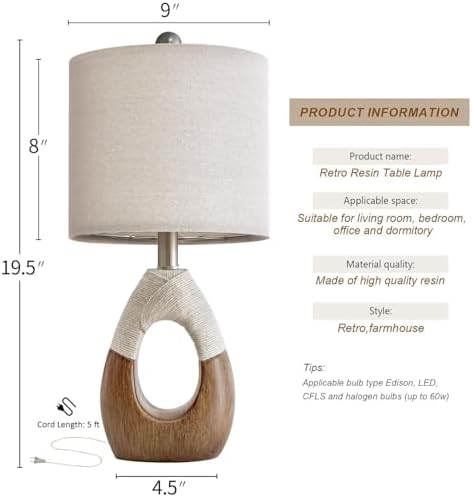 OYEARS Boho Table Lamps Bedroom Living Room Set 2,Suitable for Small Space,Farmhouse RattanTable Lamp 19”Rustic Egg Design Resin Light Decoration,Nightstand Bedside Lamps for Office Study Rest