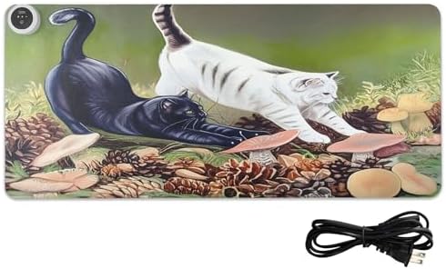 Cat Stretching Heated Mouse Pad Gaming Mouse Pad Waterproof PU Leather Mat Keep Your Hand Foot Warmer, 3 Heat Levels & Auto Shut-Off for Home Office 13x31.5 in