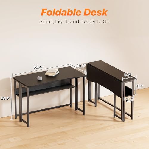 Huuger Folding Desk with Storage Shelf, 39.3 Inch Foldable Computer Table
