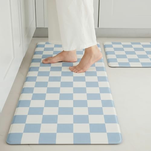 Ohocut Blue Checkered Kitchen Mats for Floor Set of 2, 2 Pcs Cushioned Non Slip Runner Rugs for Kitchen/Sink/Laundry, Comfort Aesthetic Cute Anti-Fatigue Foam Floor Mat 17.3"x29.5"+17.3"x47.2"