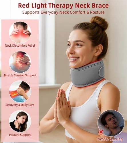 Red Light Therapy Neck Brace, 660nm & 850nm Infrared Light Therapy for Neck Pain Relief & Support, 3 Light Modes and Timer, Adjustable Wireless Cervical Collar for Home Office Use (Grey)