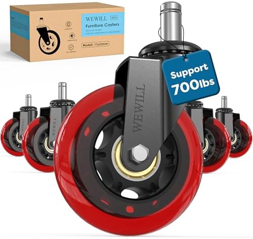 WEWILL Office Chair Wheels - Rubber Casters Replacement Universal Fit 98% Chair(Set of 5) Heavy Duty 3 Inch Smoothly & Quietly Safe for All Floor, Hardwood, Tile, Carpet, Noise Free - Red