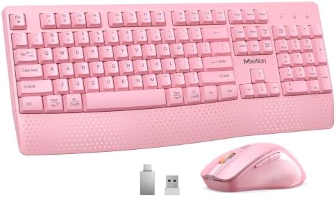 MEETION Wireless Keyboard and Mouse Combo, Full-Size with Wrist Rest, Pink