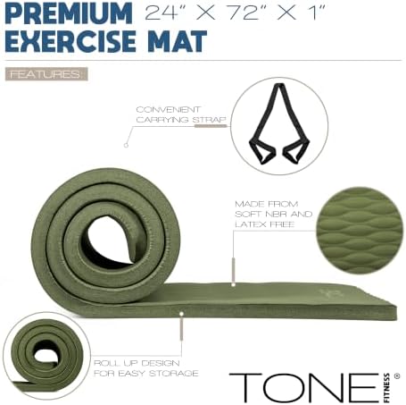 Tone Fitness 1" Extra Thick Yoga Mat, Exercise & Pilates Mat with Strap