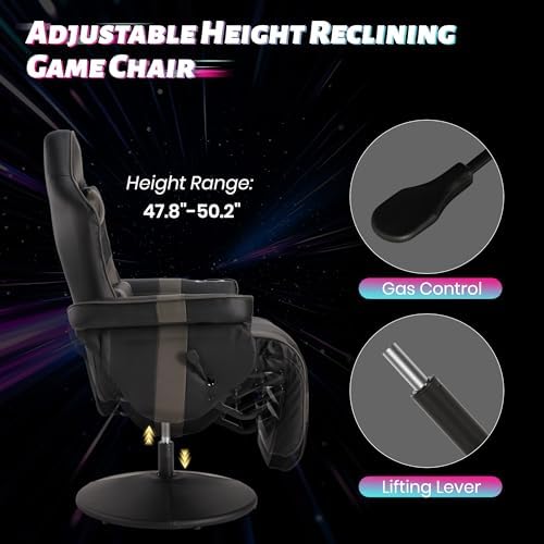 Game Reclining Chair with Adjustable Height, PU Gaming Chair with Massage, Long Footrest and Lumbar Support, High Back Swivel Computer Game Chair for Adult (Gray)