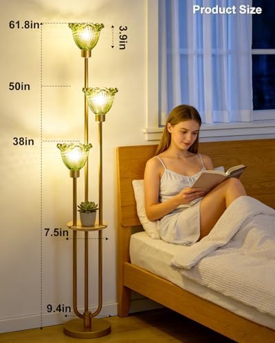 Lightdot Green Flower Glass Floor Lamp with Table Gold Floor Lamp 3-Light