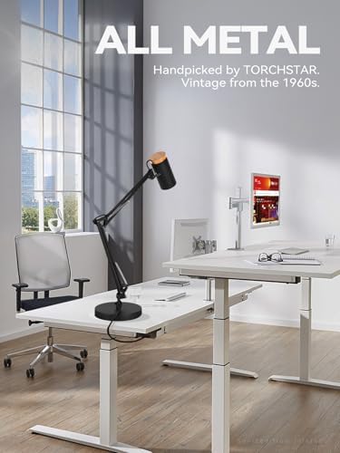 TORCHSTAR Tall Swing Arm Desk Lamp with Wooden Accent, Large Size, Black