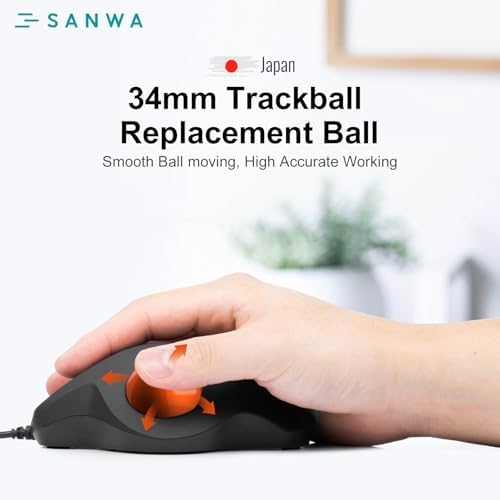 SANWA Wired Ergonomic Trackball Mouse GMATB128BK + Orange 34mm Replacement Ball Bundle Set, Silent Click Rollerball Mouse, 600/800/1200/1600 DPI, Compatible with Mac, Laptop, PC, Windows, macOS