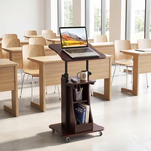 Tangkula Mobile Lectern Podium, Height Adjustable Podium Stand, Sit-to-Stand Desk with Tilting Tabletop & Storage Shelves, Rolling Laptop Cart Desk with Lockable Casters for Home Office School (Brown)
