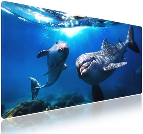 Happy Dolphins Underwater Encounter Large Mouse Pad, Navy Blue Desk Mat