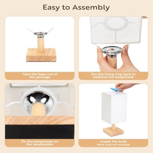 Small Table Lamp Set of 2, Square Short Bedside Lamps 2700K Warm LED with Linen Shade & Wood Base, USB Nightstand Lamps for Bedroom Living Room
