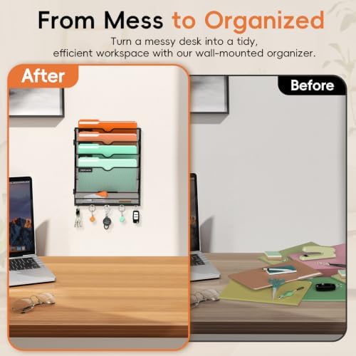 Wall File Holder Hanging Wall File Organizer, Wall Mount Mail Holder and Paper Organizer with Bottom Shelf & 5 Hooks for Office Home School (5-Tier)