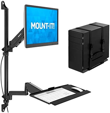 Mount-It! Single Monitor Arm Wall Mount Workstation with Keyboard Tray & CPU Holder, Height Adjustable Gas Spring Full Motion Computer Station, Fits 17–32” VESA 75x75 100x100, Black