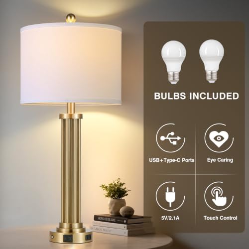 28" Tall Modern Table Lamps Set of 2 with USB C+A Ports and AC Outlet, 3 Way Touch Metal Bedside Lamps for Bedroom, Gold Nightstand Lamps for Living Room