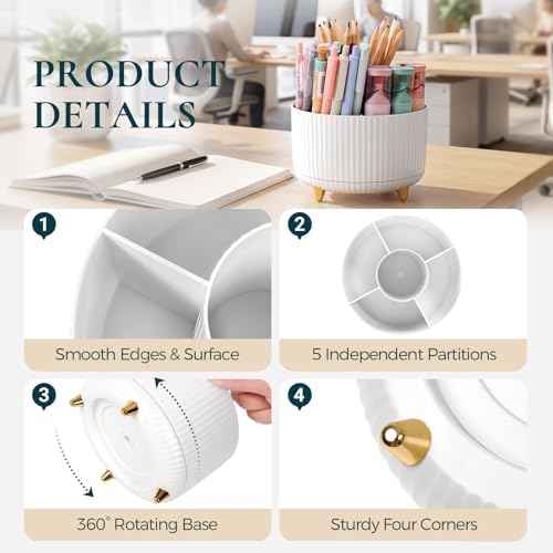 KONVINIT Pencil Pen Holder for Desk, 5 Slots 360-Degree Rotating Desktop Organizer, Cute Desk Organizers and Accessories for School, Home, Office and Art Supply, White
