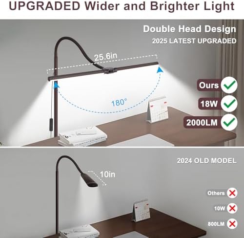 Floor Lamp, 18W/2000LM Bright LED Floor Lamp with Double Head, Adjustable Gooseneck Dimmable Craft Light for Sewing Tatoo Makeup, Eye Caring Brown Reading Floor Lamps for Living Room Bedroom Office