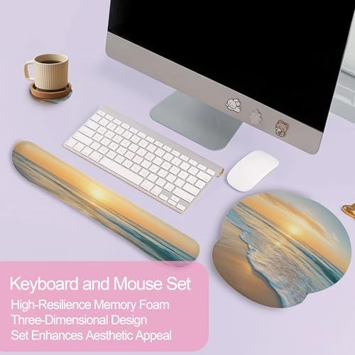Beach Sunset Keyboard Wrist Rest Pad and Mouse Pad Wrist Support Set,3-in-1 Ergonomic Mouse Pad with Non-Slip Rubber Base for Home Office Game Computers Desk,