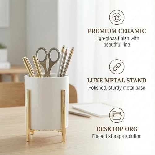 Durable Ceramic Pen Cup, Desk Ceramic Pencil Cup with Metal Legs, Black and White Pen Holder Cup for Office, Desk Decor for Women Girls