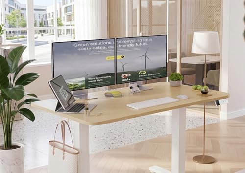 YDN Electric Standing Desk Adjustable Height, 63 x 24 Inches Sit Stand up Desk with Memory Presets & Cable Management, Home Office Desk for Office & Computer Workstation, White Frame/Nature Top