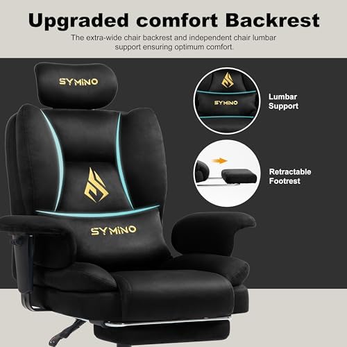 Symino Gaming Chair with Footrest, Up/Down Armrests, Suede Fabric Ergonomic Office Chair, 155° Recline Computer Chair for Desk, Black