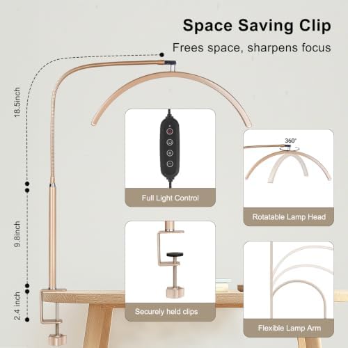 Professional Half Moon LED Desk Light for Nail Techs & Artists – Flexible Gooseneck Lamp with Clamp, 3 Color Modes & 5 Brightness Levels for Manicure, Tattoo, Beauty Work