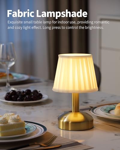 KDG Gold Cordless Small Table Lamp, Portable LED Fabric Shade Desk Lamp