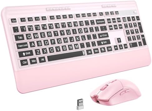 KOPJIPPOM Silent Wireless Keyboard and Mouse Combo - Keyboard with Large Print Cover, 2.4GHz Full-Sized Ergonomic Keyboard with Wrist Rest and Mouse for Laptop, PC, Notebook, Desktop