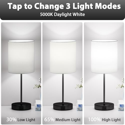 White Black Touch Lamps for Bedroom Set of 2, Dimmable, USB C+A, AC Outlet