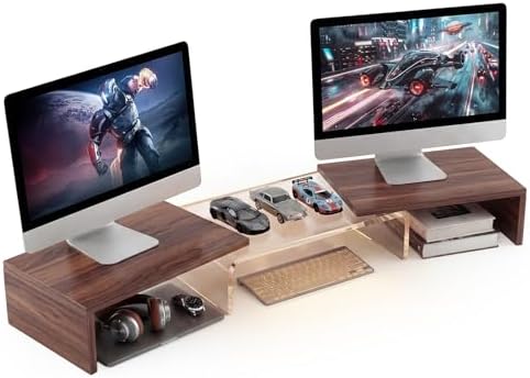High-Clarity Dual Monitor Riser, Desk Organizer for Computer Monitor, Acrylic Monitor Riser with Keyboard Storage, Adjustable Angle & Length Computer Monitor Stand Walnut Look