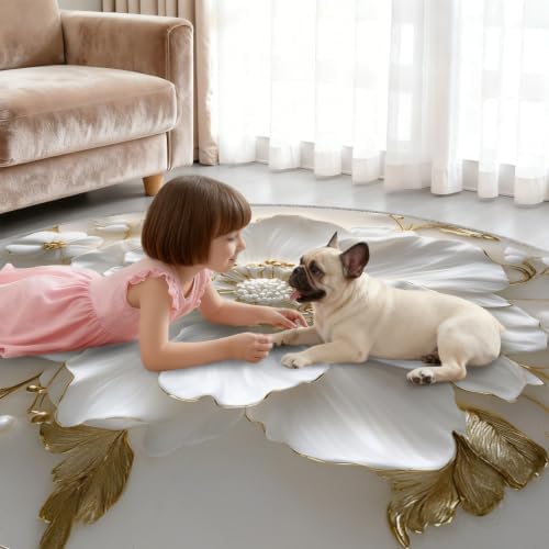 Floral Round Rug - 8ft Washable Relief Floral Round Area Rug for Living Room, Modern Luxury Circle Rugs Soft Non-Slip Carpet for Bedroom Dining Table Coffee Table Decor Mat