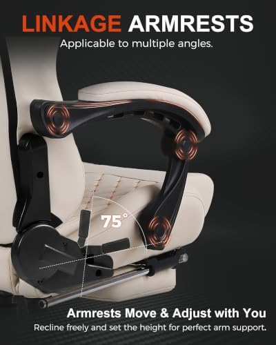 Gaming Chair with Massage and Footrest, Big and Tall Ergonomic High Back PU Leather Computer Office Chair for Heavy Adults, Supports 350LBS, Ivory