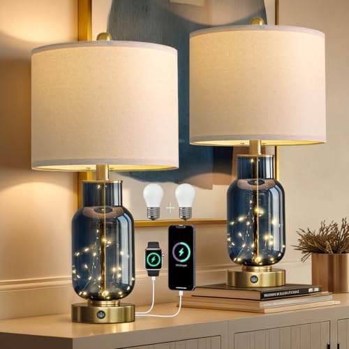Oneach 22" Glass Table Lamps Set of 2 with LED Nightlight for Bedroom, Blue