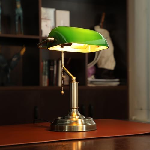 TORCHSTAR Green Glass Bankers Desk Lamp with Pull Chain, E26 Base