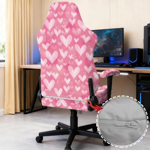 Heart Print Gaming Chair Cover with Armrest Covers Stretchable Anti Scratch Furniture Protector Anti Slip Washable Office Chair Slipcover for Valentine's Day