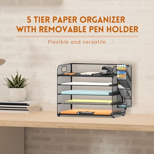 5-Tier Paper Organizer for Desk with Pen Holders, 2-Pack, Black